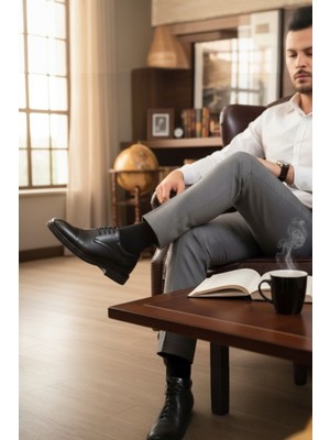 Enoch Hakiki Deri Siyah Ortopedik Bağcıksız Lastik Detaylı Erkek Klasik Baba Ayakkabı