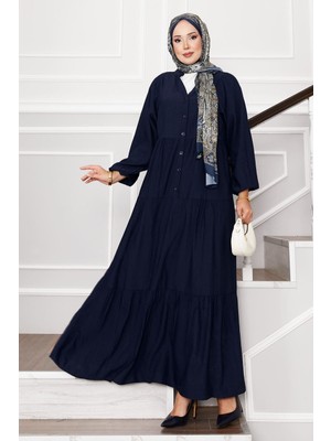 ZNK Önü Yarım Düğmeli Kat Kat Elbise Lacivert
