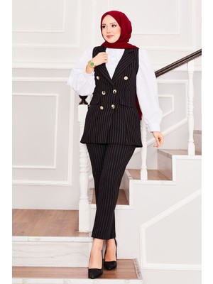 HP Mendil Yaka Çizgili Yelek Pantolon Ikili Takım Siyah