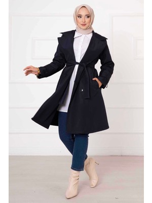 Md Zincir Aksesuar Detay Astarlı Trenç Lacivert