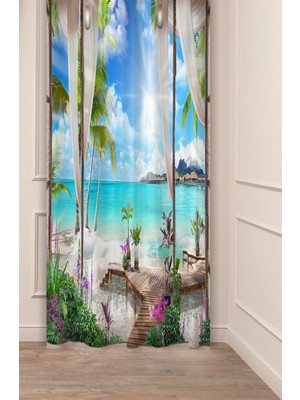 Greendecor Deniz Palmiye Plaj Okyanus Manzara Huzur Desenli Özel Tasarım Dijital Baskılı (Tek Kanat) Fon Perde