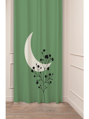 Greendecor Ay Çiçek Bohem Minimalist Bej Desenli Özel Tasarım Dijital Baskılı (Tek Kanat) Modern Fon Perde