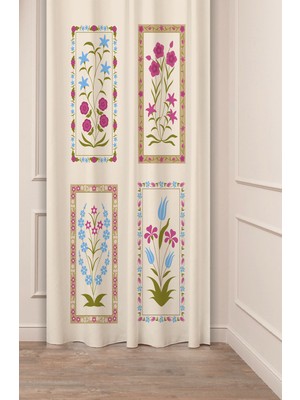 Greendecor Etnik Anadolu Motif Çiçek Pastel Bohem Özel Tasarım Dijital Baskılı (Tek Kanat) Bej Krem Fon Perde