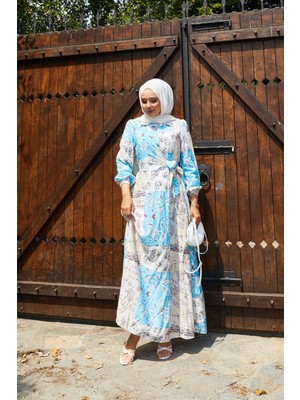 EFL Yandan Bağlamalı Gömlek Yaka Elbise Mavi