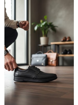Enoch Hakiki Deri Siyah Ortopedik Bağcıklı Erkek Klasik Baba Ayakkabı