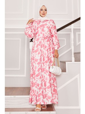 EFL Gömlek Yaka Yandan Bağlamalı Çiçekli Elbise Pembe
