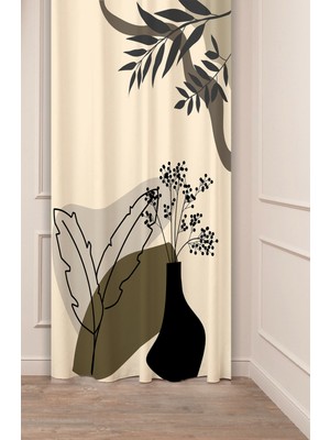 Greendecor Yaprak Vazo Bohem Minimalist Bej Krem Desenli Özel Tasarım Dijital Baskılı (Tek Kanat) Şık Fon Perde