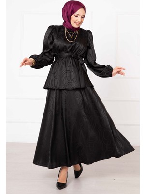 Md Beli Büzgülü Kuşaklı Etekli Jakar Takım Siyah