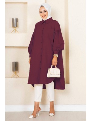 Md Oval Kesim Tesettür Gömlek Tunik Bordo