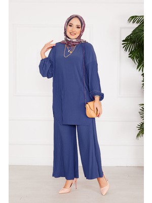Nz Piliseli Rahat Kalıp Tesettür İkili Takım İndigo