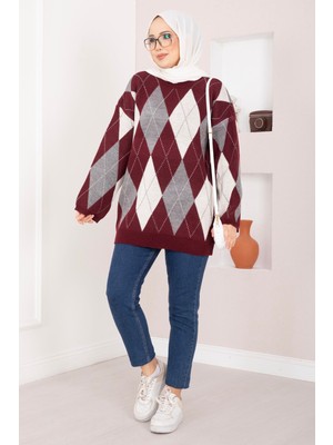 RAF Baklava Desen Oversize Triko Kazak Bordo