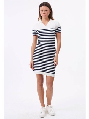Felix Hardy Kadın Çizgili Kısa Kol Elbise - Ekru