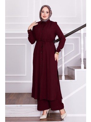 Asm Belden Bağlamalı Pantolonlu Tesettür Takım Bordo