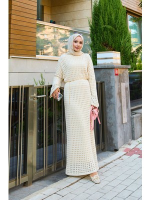 Krd Ajurlu File Detaylı Triko Elbise Krem
