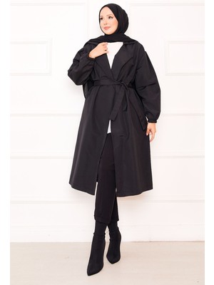 Sm Kol Ucu Lastikli Seyyar Kuşaklı Tesettür Trenç Siyah