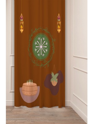 Greendecor Bohem Çiçek Geometrik Çizgi Lamba Desenli Özel Tasarım Dijital Baskılı (Tek Kanat) Modern Fon Perde