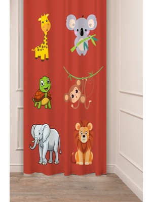 Greendecor Aslan Fil Maymun Özel Tasarım Desenli Dijital Baskılı (Tek Kanat) Çocuk Odası Modern Fon Perde