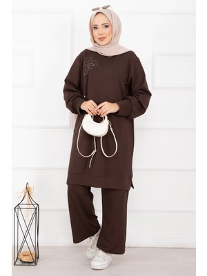 Nz Taş İşleme Çiçek Detaylı Tesettür İkili Takım Kahve