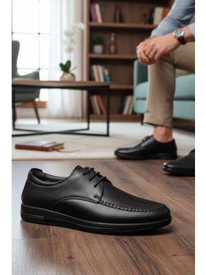Enoch Hakiki Deri Siyah Ortopedik Bağcıklı Erkek Klasik Baba Ayakkabı