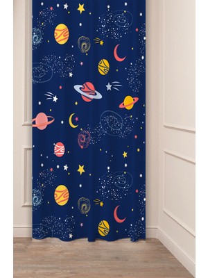 Greendecor Uzay Gezegen Yıldız Desenli Özel Tasarım Dijital Baskılı (Tek Kanat) Modern Çocuk Odası Fon Perde