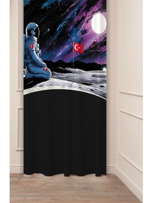 Greendecor Türk Astronot Uzay Gezegen Ay Mars Desenli Özel Tasarım Dijital Baskılı (Tek Kanat) Modern Fon Perde