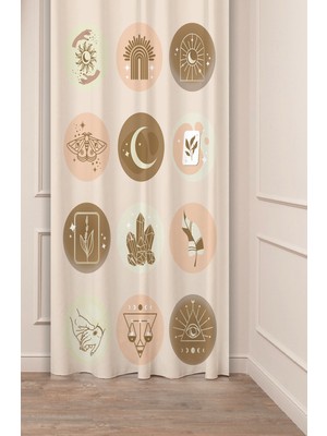 Greendecor Minimalist Soft Sade Pastel Yaprak Bohem Özel Tasarım Dijital Baskılı (Tek Kanat) Bej Krem Fon Perde