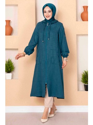 Md Fermuarlı Cepli Uzun Tesettür Kap Petrol