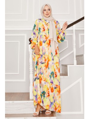Mlk Yarım Düğmeli Çiçek Desenli Modal Elbise Sarı