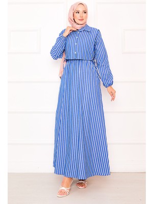 ZNK Bolerolu Çizgili Tesettür Elbise Saks
