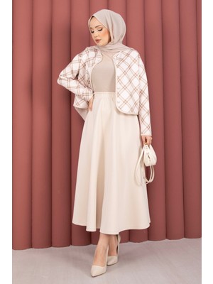 Ums Ekose Croplu Ceket Etek Takım Bej