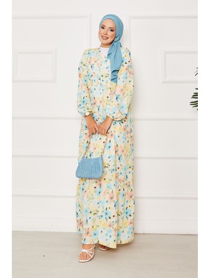 Mlk Yarım Düğme Detaylı Çiçek Desenli Elbise Sarı