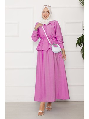 ZNK Beli Bağcık Detaylı Etekli İkili Çilek Takım Pembe