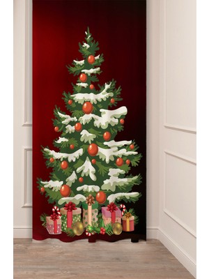 Greendecor Yılbaşı Çam Ağacı Noel Ağacı Kar Yeni Yıl Christmas Desenli Özel Tasarımlı Dijital Baskılı Fon Perde