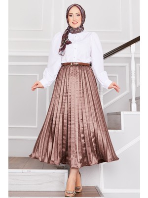 Md Saten Serpme Taşlı Piliseli Etek Kahve