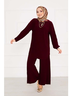 Nz Piliseli Rahat Kalıp Tesettür İkili Takım Bordo