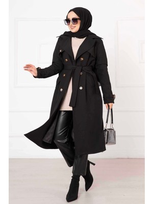 OC Rahat Kalıp Kruvaze Düğme Detaylı Kolları Ayarlanan Trençkot Siyah