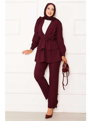 Md Eteği Volanlı Fırfır Detaylı İkili Takım Bordo