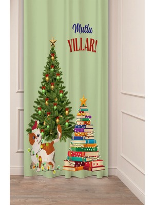 Greendecor Yılbaşı Çam Ağacı Noel Ağacı Kar Yeni Yıl Christmas Desenli Özel Tasarımlı Dijital Baskılı Fon Perde