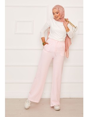 Kç Beli Lastik Bağcıklı Çizgili Salaş Pantolon Pembe
