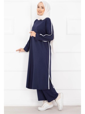 Azr Sportif Biye Detaylı Uzun Tesettür Takım Lacivert