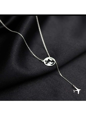 Kadın 925 Ayar Gümüş Dünya Uçak Kolye