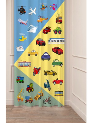 Greendecor Özel Tasarım Arabalar Uçak Gemi Kamyon Desenli Dijital Baskılı (Tek Kanat) Çocuk Odası Şık Fon Perde