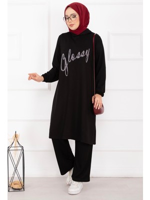 Azr Glossy Taş Detaylı Kapüşonlu Tesettür Takım Siyah