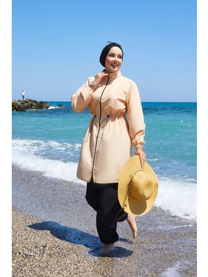 DF Fermuar Detaylı Tesettür Mayo Bej