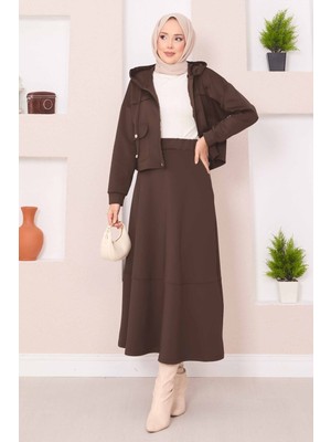 Md Fermuarlı Kapüşonlu Crop Etek Tesettür Takım Kahve