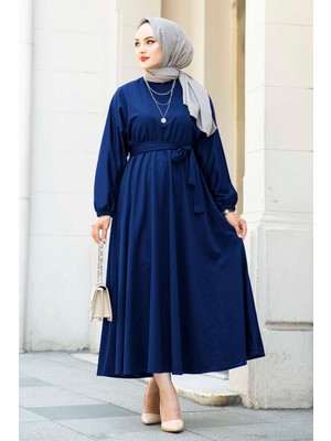 Beli Kuşaklı Tesettür Elbise 100MD-10528 Indigo