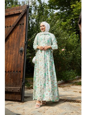 EFL Çiçek Desenli Yandan Bağlamalı Elbise Yeşil