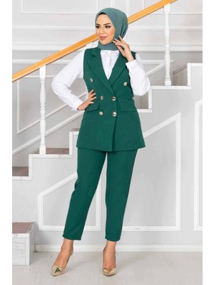 HP Mendil Yaka Detaylı Tesettür Yelek Takım Zümrüt