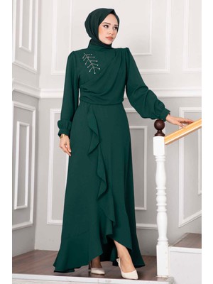 Md Kayla Fırfırlı Tesettür Abiye Zümrüt