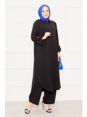Md Kolları Katlanabilir Cepli Uzun Tunik Pantolon İkili Tesettür Takım Siyah
